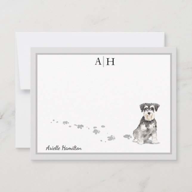 Carte De Correspondance Schnauzer Gris Monogramme frontalier personnalisé (Devant)