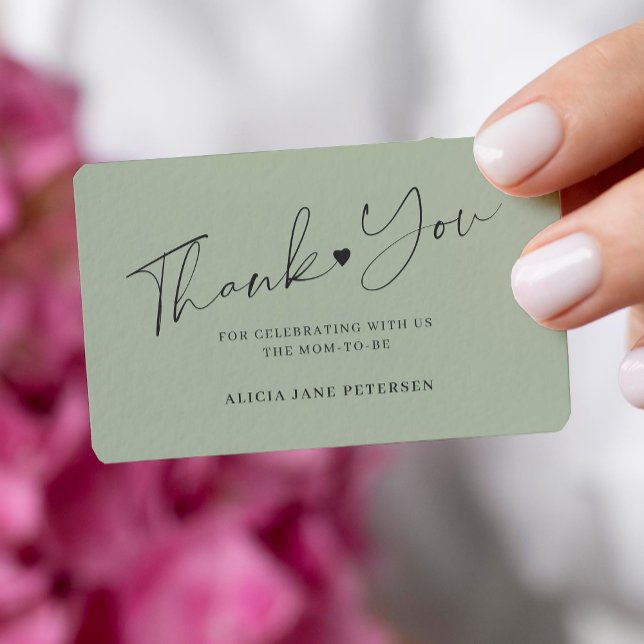 Carte De Correspondance Script de baby shower budgétaire sage vert merci (You can choose the ROUNDED CORNERS option)