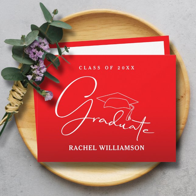 Carte De Correspondance Script d'études supérieures sur Merci rouge (Graduate in white script calligraphy on red flat thank you note cards with message on the back)