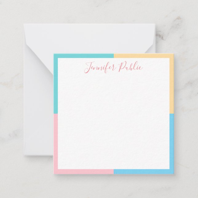 Carte De Correspondance Script manuscrit moderne rose jaune bleu vert (Devant)