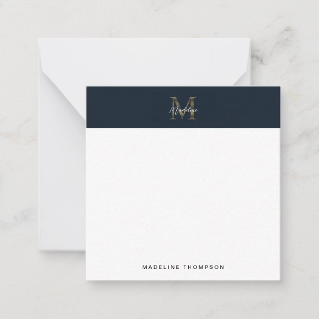 Carte De Correspondance Script Monogramme Or Navy Métallisé Carré Mini (Devant)