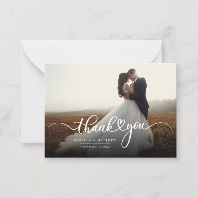 Carte De Correspondance Script simple élégant et Mariage photo Merci (Devant)