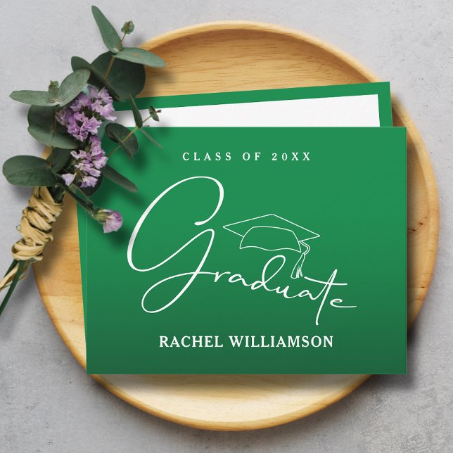 Carte De Correspondance Script universitaire sur Merci vert (Graduate in white script calligraphy on green flat thank you note cards with message on the back)