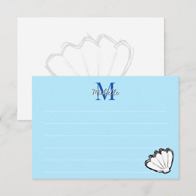 Carte De Correspondance Seashell Sketch White And Blue Lined Monogram (Devant / Derrière)