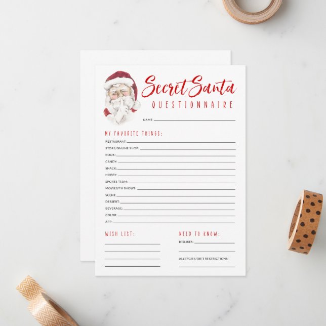 Carte De Correspondance Secret Père Noël Questionnaire échange de cadeaux (Devant/Arrière en situation)