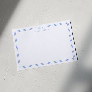 Carte De Correspondance Simple Deux Monogramme Bordure Géométrique Bleu Cl