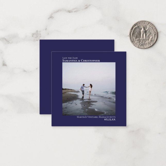 Carte De Correspondance Simple Marine Blue Wedding Enregistrer la Date Pho (Devant/Arrière en situation)