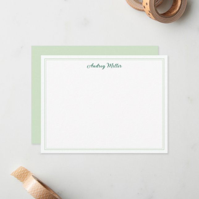 Carte De Correspondance Simple personnalisé vert bordure script (Devant/Arrière en situation)