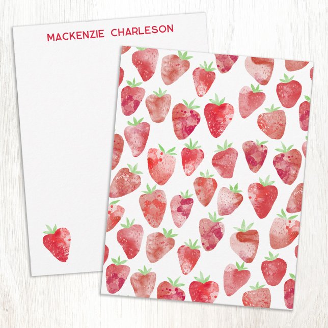 Carte De Correspondance Strawberry Watercolor Personalized (Strawberry watercolor art pattern personalized custom name or text notecards)