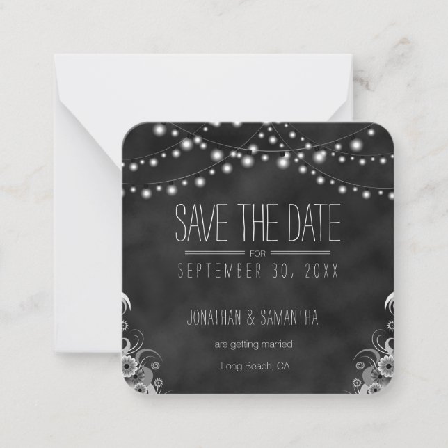 Carte De Correspondance String Lights Black Chalkboard Enregistrer La Date (Devant)