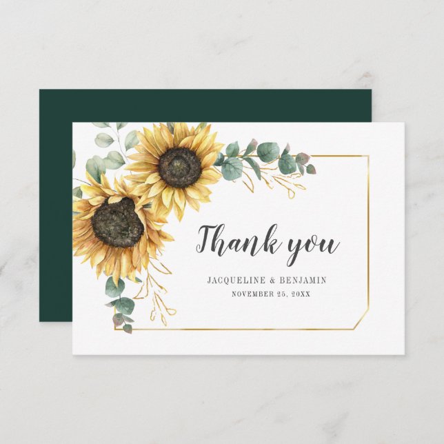 Carte De Correspondance Sunflower Eucalyptus Jour de mariage Merci floral (Devant / Derrière)
