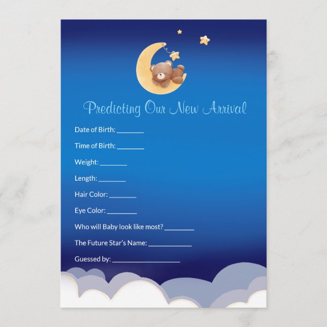 Carte De Correspondance Teddy Bear Moon Baby Shower Prediction  (Devant)