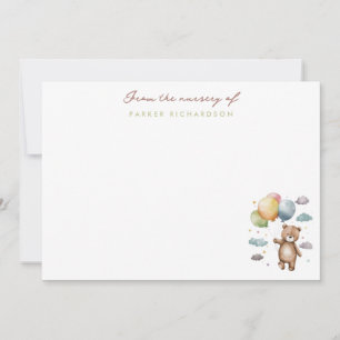 Carte De Correspondance Teddy Ours & Ballons Nursery Green Merci