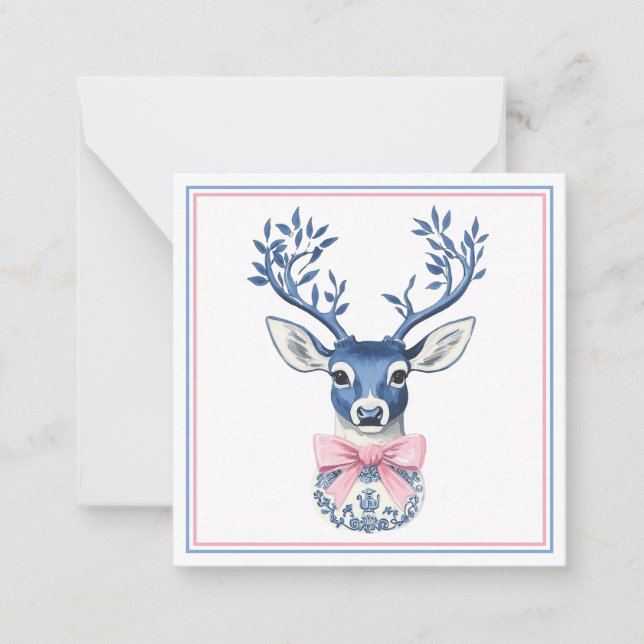 Carte De Correspondance Tête de cerf en chinoiserie rose et bleu (Devant)