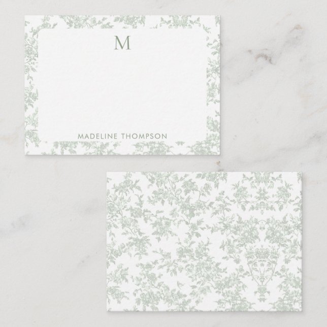 Carte De Correspondance Toile botanique classique monogramme vert sauge (Devant / Derrière)