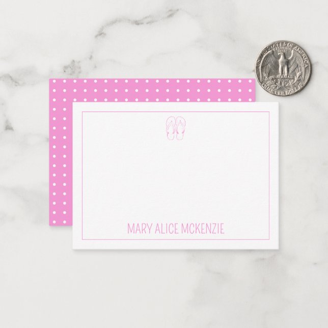 Carte De Correspondance Tongs rose et blanc à pois et girly (Devant/Arrière en situation)