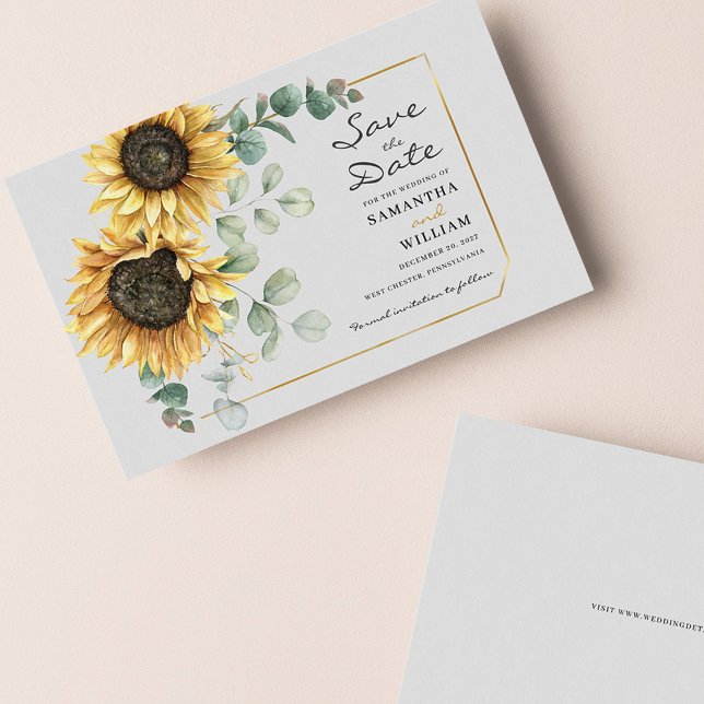 Carte De Correspondance Tournesol Eucalyptus Floral Botanique Date de sauv (Sunflower Eucalyptus Wedding Save the Date Announcement)