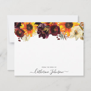 Carte De Correspondance Tournesol rustique Bourgogne Rose Aquarelle Floral