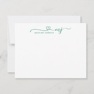 Carte De Correspondance Trendy Forest Green Heart Nom du script Monogramme