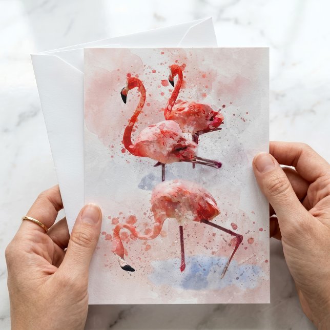 Carte De Correspondance Trois flamants roses en impression d'art à l'aquar (Three Pink Flamingos in Watercolor Art Print. Note Card)
