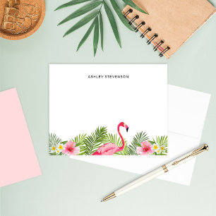 Carte De Correspondance Tropical Palm Feuilles Flamant rose rose Nom perso