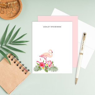 Carte De Correspondance Tropical Palm Feuilles Flamant rose rose Nom perso