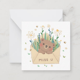 Carte De Correspondance TU ME MANQUES : Ourson et fleurs dans une envelopp