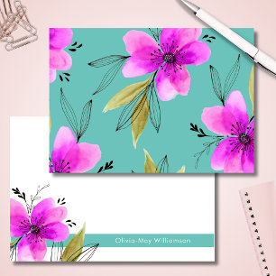 Carte De Correspondance Turquoise et floral rose aquarelle personnalisé