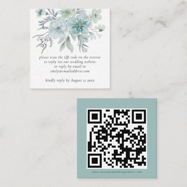 Carte De Correspondance Turquoise Florals QR Code Mariage RSVP Enclôture (Devant / Derrière)