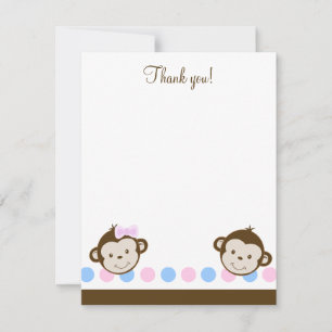 Carte De Correspondance Twin Mod Singes garçon/fille 4x5 plat Merci note