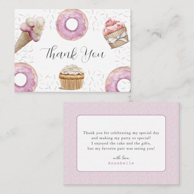 Carte De Correspondance Two Sweet Cupcake & Donuts 2nd Birthday Thank You (Devant / Derrière)