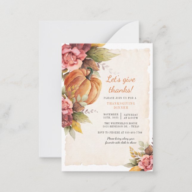 Carte De Correspondance Un Citrouille Rustique Remercie Thanksgiving Dîner (Devant)