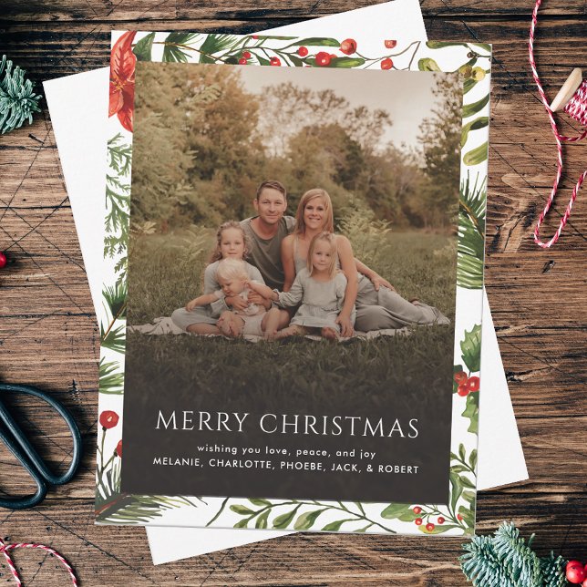 Carte De Correspondance Vacances de Noël Famille Photo Salutations (Christmas Greetings Rustic Family Photo Red Berries Botanical)
