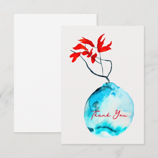 Carte De Correspondance Vase bleu Ikebana aquarelle (Devant / Derrière)