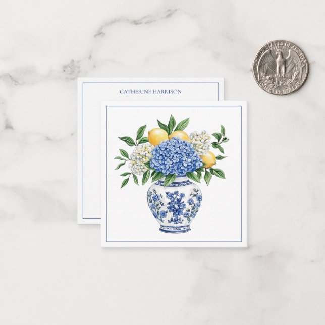 Carte De Correspondance Vase Chinoiserie Bleu et Blanc avec hydrangées (Devant/Arrière en situation)