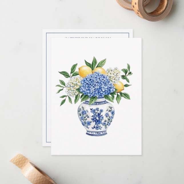 Carte De Correspondance Vase Chinoiserie Bleu et Blanc avec hydrangées (Devant/Arrière en situation)