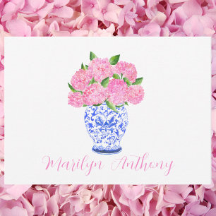 Carte De Correspondance Vase Chinoiserie Hydrangea Rose Aquarelle Sur Mesu