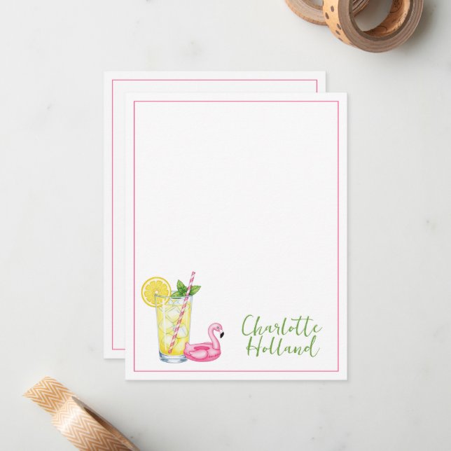 Carte De Correspondance Verre de limonade avec flamant rose (Devant/Arrière en situation)