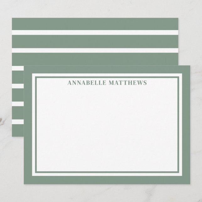 Carte De Correspondance Vert Sauge Et Monogramme Rayé Blanc (Devant / Derrière)