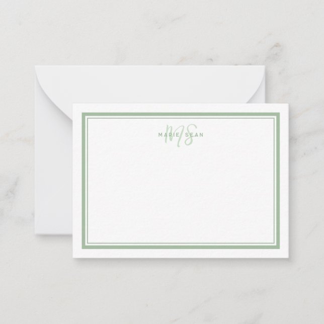 Carte De Correspondance Vert sauge minimaliste simple monogramme deux bord (Devant)