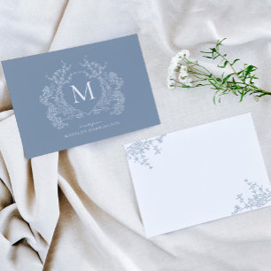 Carte De Correspondance Vintage classique Dusty bleu Floral Crest Monogram