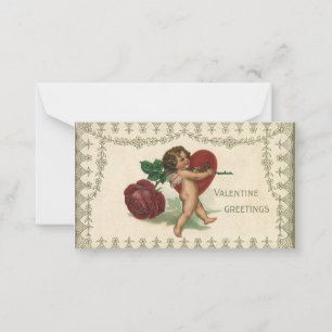 Carte De Correspondance Vintage Victorian Valentine Cherub, Rose et coeur