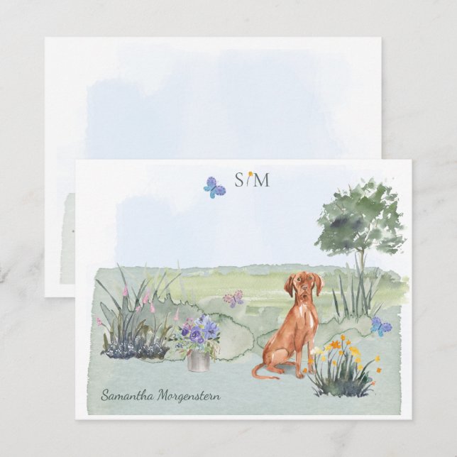 Carte De Correspondance Vizsla Chien Papillon de prairie Monogramme et nom (Devant / Derrière)