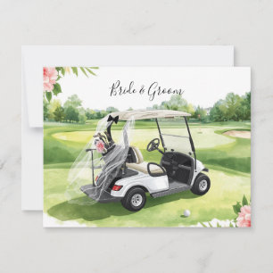Carte De Correspondance Voiture de golf de mariage sur gazon vert