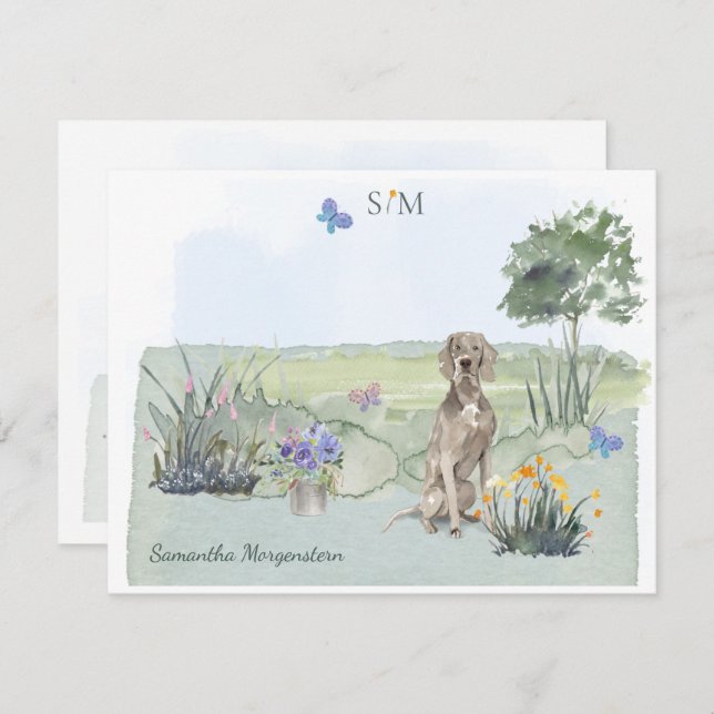 Carte De Correspondance Weimaraner Butterfly Meadow Monogramme & Nom (Devant / Derrière)