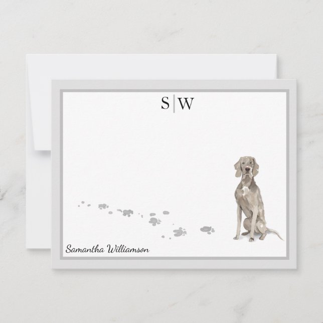 Carte De Correspondance Weimaraner Chien Gris Bordure Monogramme personnal (Devant)