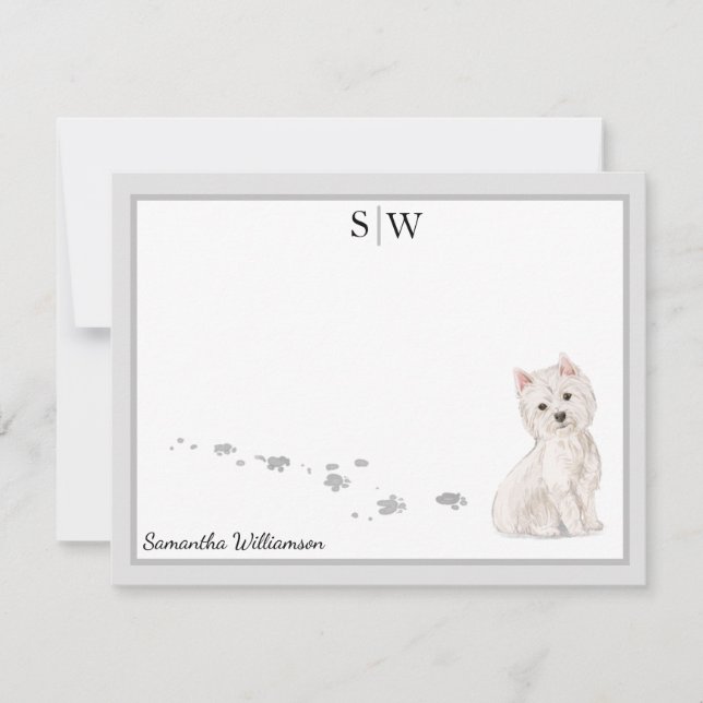 Carte De Correspondance Westie Chien Gris Bordure Monogramme Personnalisé (Devant)