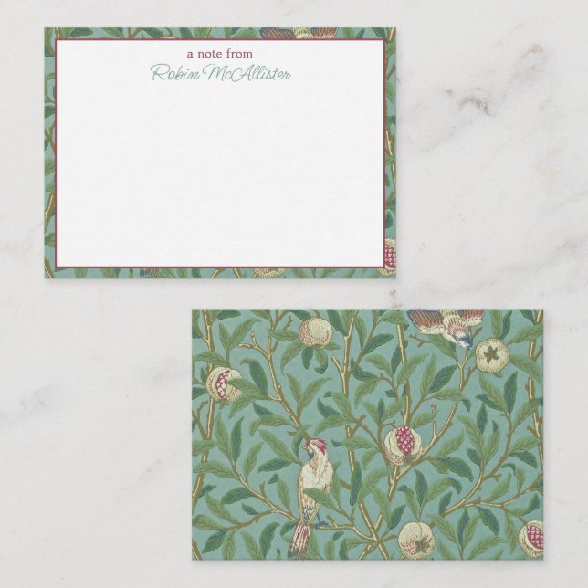 Carte De Correspondance William Morris, Oiseaux et Pommegrenates - Vert (Devant / Derrière)