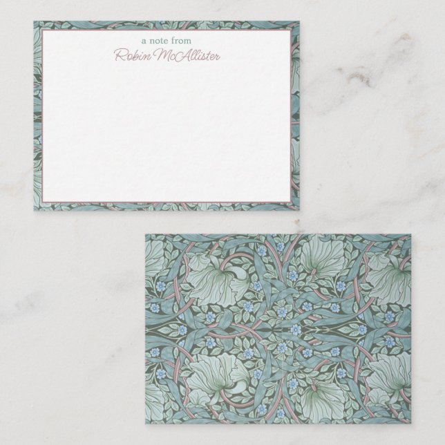 Carte De Correspondance William Morris, Pimpernel - Aqua Green Floral (Devant / Derrière)