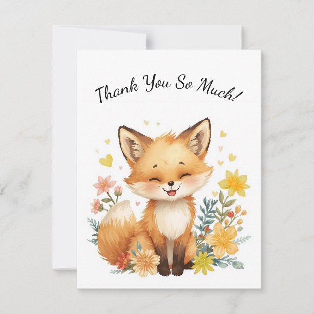 Carte De Correspondance Woodland Animal Fox Kids Yellow Hearts Floral (Devant)
